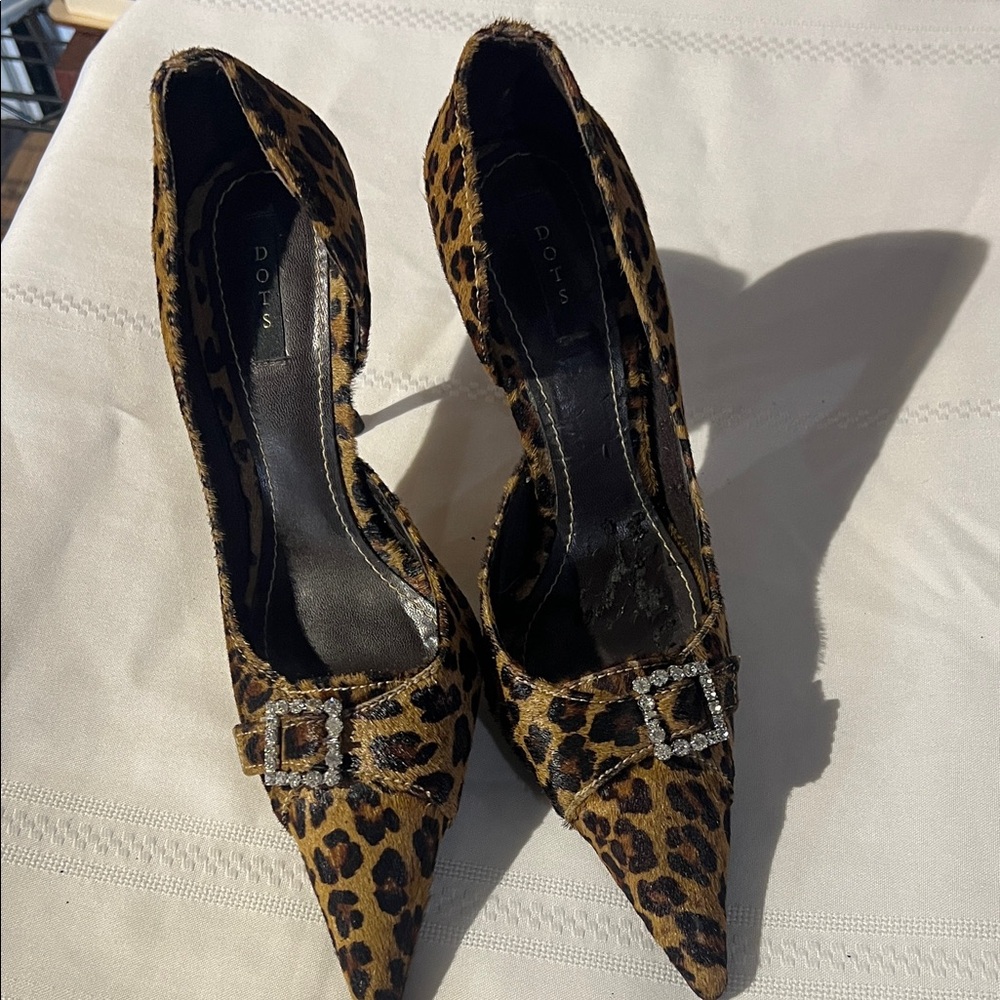 Dots Animal Print Heels with Rhinestone Buckle